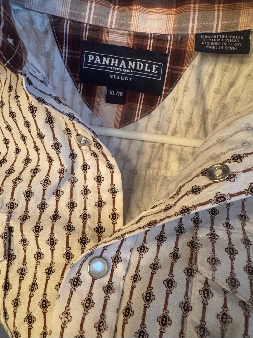 Panhandle Select Boys' White and Brown Patterned Button-Down Shirt